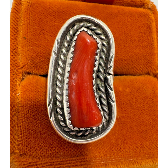 Vintage Native American Red Coral Branch Ring Sterling Silver Southwest Sz 6.5 - Picture 1 of 7